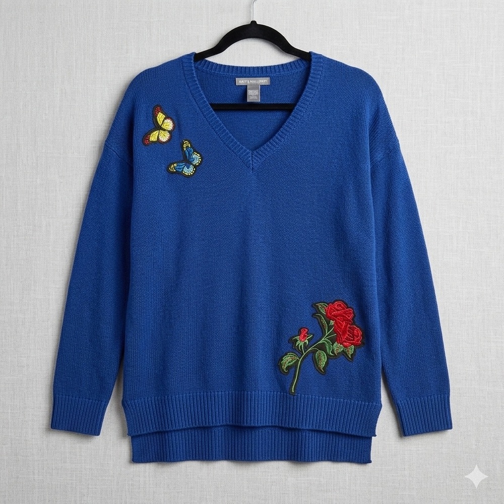 Kate & Mallory Blue Butterfly & Rose Embroidered Sweater L